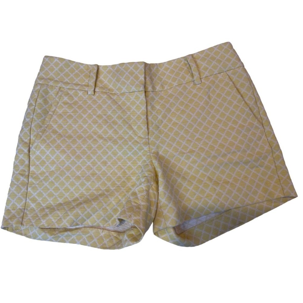 Ann Taylor Women Checkered Chino Shorts Geometric Mid Rise Stretch Yellow Size 6